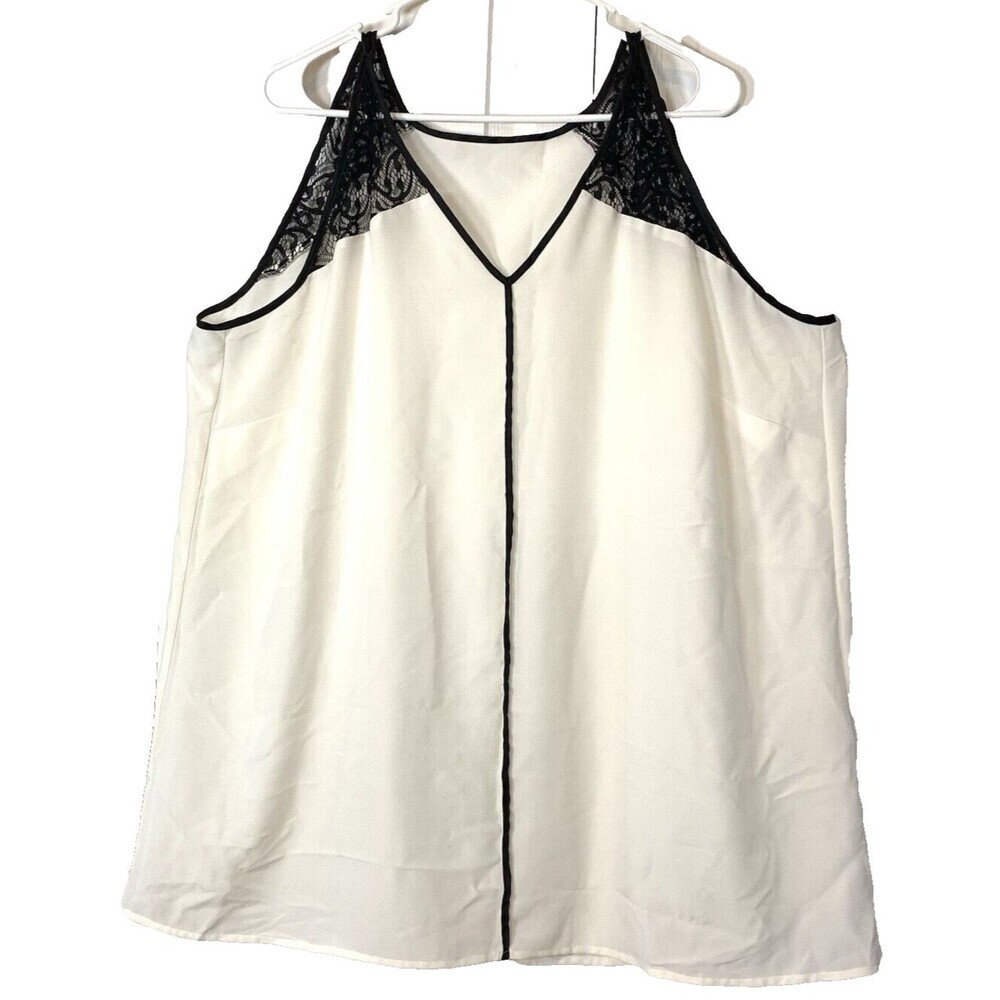 Avon Tunic Womens 1X White/Black Lace Shoulders Rib Trimmed Y2K 90s BoHoChic